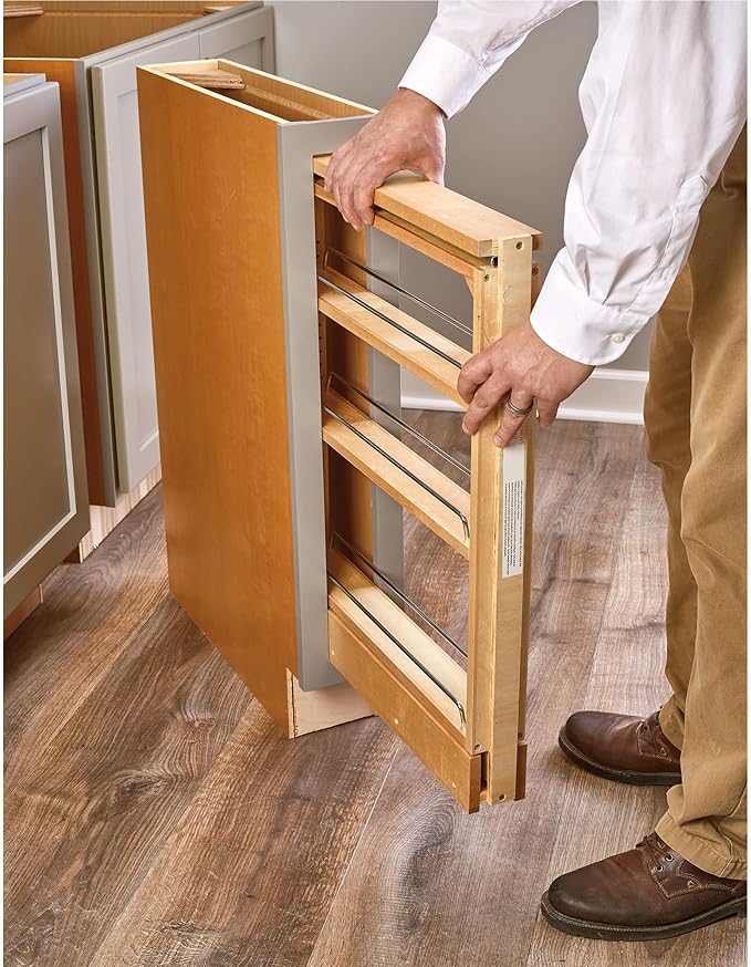 Rev-A-Shelf 6" Pull Out Shelf Organizer for Between Base Kitchen Cabinets, Adjustable Filler Spice Rack Seasoning Storage Holder, Wood, 438-BC-6C