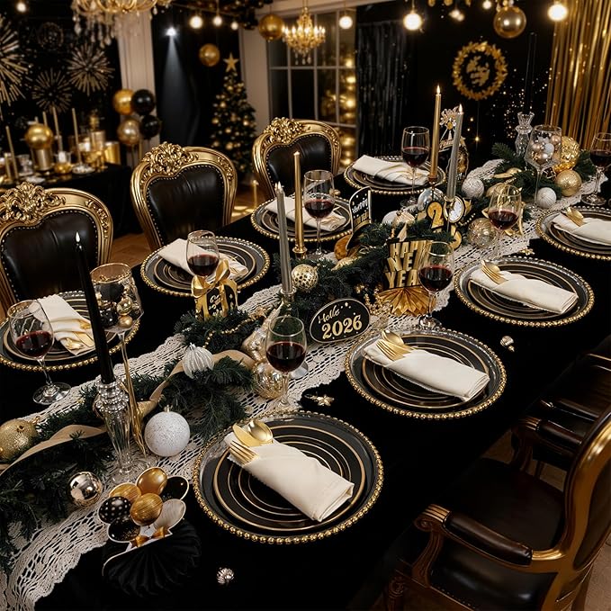 350 Pieces Black and Gold Plastic Plates with Disposable Silverware, Include 50 Dinner Plates 9?? 50 Dessert Plates 6.3?? 50 Black Cups 9 OZ, 50 Pre Rolled Napkins for New Year