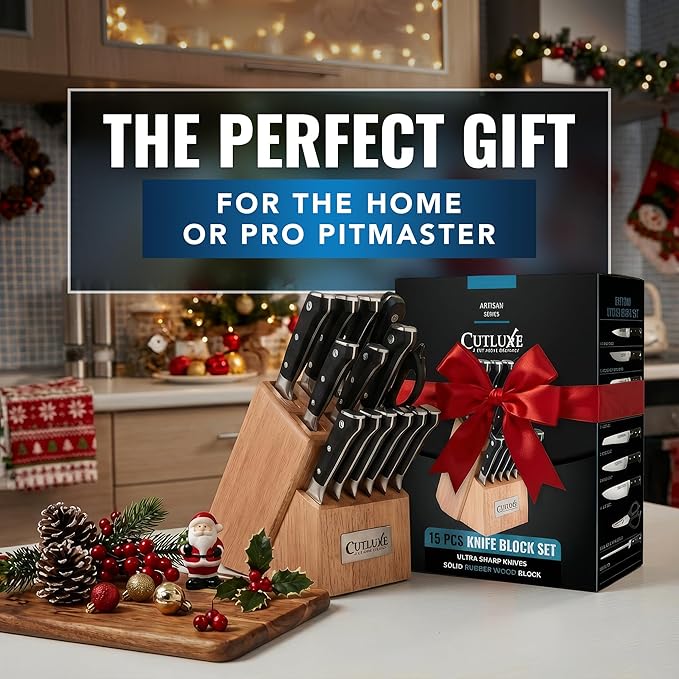 Cutluxe 15-Piece Knife Set ??Premium Rubberwood Wood Block ??Knife Set for Kitchen, Ultra Sharp High Carbon German Stainless Steel, Full Tang ??Artisan Series
