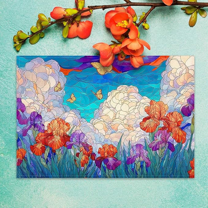 Jauageon Spring Iris Placemat Set of 4 Stained Glass Style Floral Placemats Flower Butterfly Table Mats for Indoor Outdoor Home Party Kitchen Dining Decor Farmhouse Burlap Table Mats 12x18 Inch