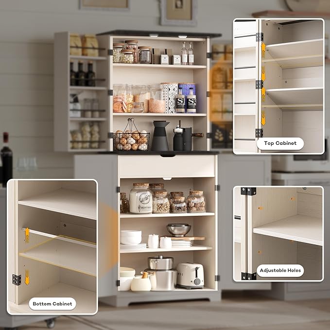 COSIEST 72'' Kitchen Pantry Cabinet, Tall Storage Cabinet with Organizer, Drawer and Adjustable Shelves, Freestanding Cupboard, Storage Cabinets for Kitchen, Dining Room, Bathroom, Off White