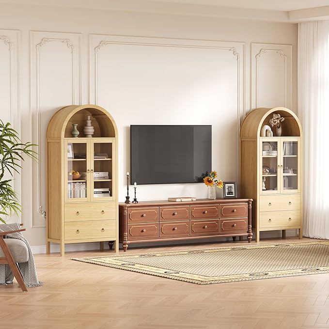 CuisinSmart 71" Display Arched Storage Cabinet, Kitchen Pantry with Tempered Glass Doors, 2 Large Drawers and Adjustable Shelves, Arched Bookshelf Cabinet for Dining Room Kitchen Office- Natural