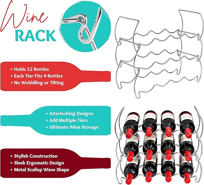 Sorbus Metal Wine Racks Countertop - 3 Tier Stackable Wine Rack - Bottle Rack Holds 12 Wine Bottles for Home, Bar, or Wine Cellar, Free-Standing Wine Rack for Inside Cabinet Wine Storage (Silver)