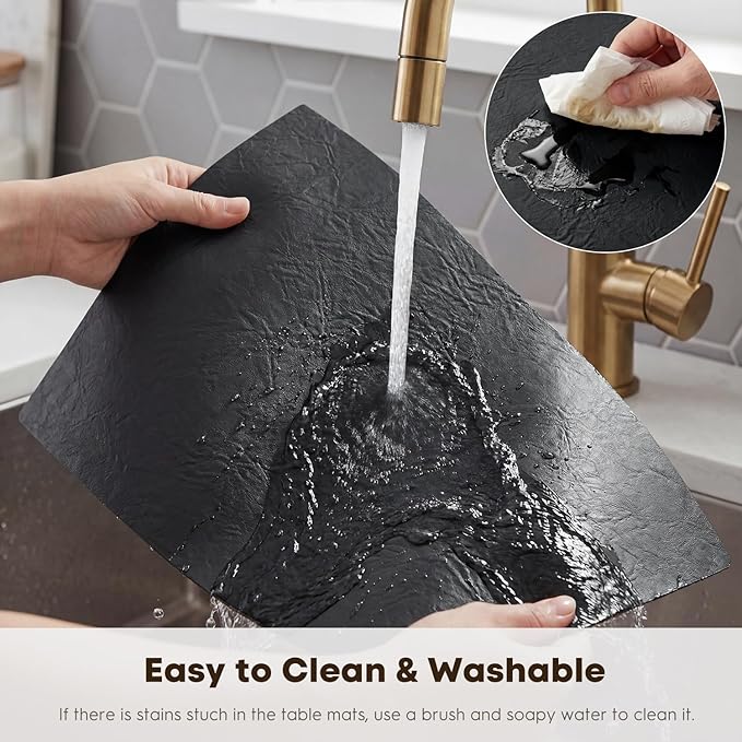 Artoid Mode Black Faux Leather Placemats Set of 6, 12x18 Inch Waterproof Wipeable Heat Resistant Place Mats, Reversible Table Mats for Kitchen Dining Decor
