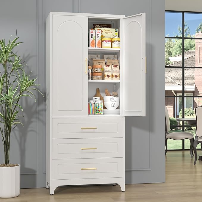 Metal Kitchen Pantry Cabinet with 3 Drawers竊?5 Inch White Food Pantry Cabinets for Kitchen Storage with 2 Adjustable Shelves,Tall Storage Cupboard for Living Room,Dining Room Office