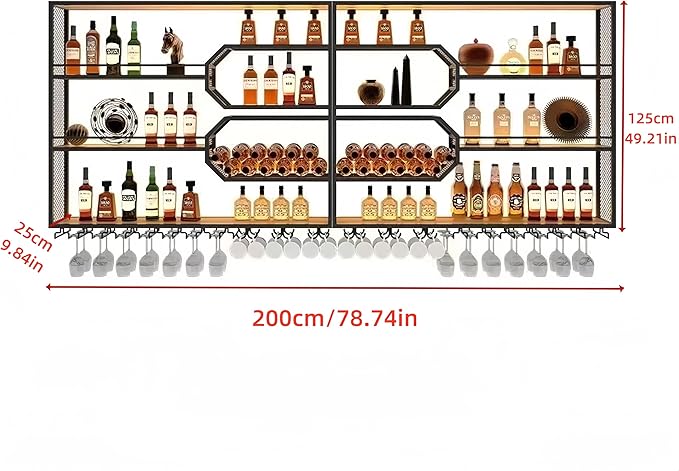 79 Inch 4-Tier Wine Rack Wall-Mounted & Large Bar Shelf for Liquor Bottles, Black Metal Storage for Wine and Liquor Bottles in Home Bars or Dining Rooms (No Lighting)