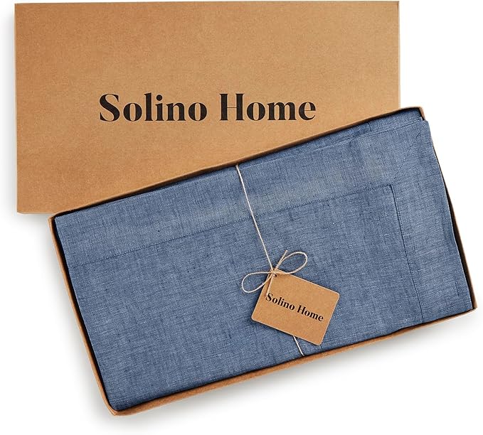 Solino Home Linen Tablecloth 60 x 132 Inch - 100% Pure Linen Blue Denim Table Cloth for Rectangle Tables - Athena, Machine Washable Tablecloth for Christmas, New Year
