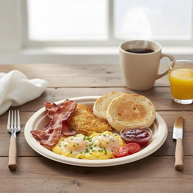 9 Inch Compostable Paper Plates ??150 Pack | Eco-Friendly Disposable Plates | Sturdy, Tree-Free, Heat & Leak Resistant Alternative to Plastic Plates