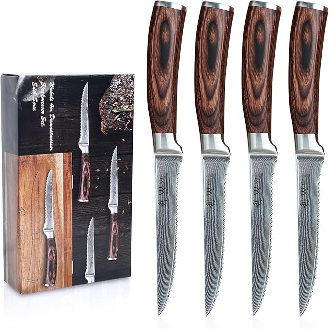 Wakoli EDIB 4-Piece Damascus Steak Knife Set ??Professional Dining Kitchen Knives with VG10 Core Blades, 67-Layer Damascus Steel & Ergonomic Pakkawood Handles ??Premium Steak Cutlery in Gift Box