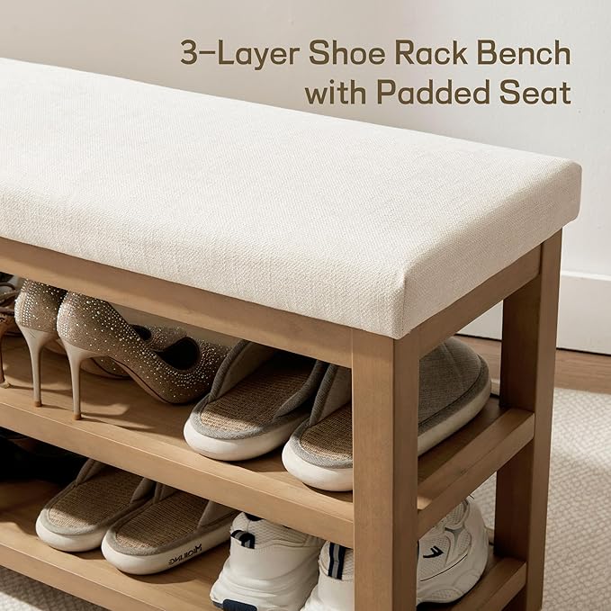 Zihanhome 2 Tier Shoe Rack Bench with Cushion, Solid Wood Shoe Benches, Mid-Century Modern Shoe Storage Bench for Entryway, Hallway, Living Room, Closet, Front Door Entrance, (Beige, 46.5")
