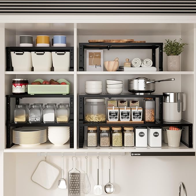 Expandable Spice Rack & Kitchen Cabinet Organizer - Stackable, Adjustable Shelves for Cabinets, Countertops, Cupboards & Pantries(1 Pack/Medium/Black)