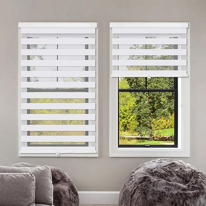 Lcotanis Zebra Blinds for Windows, 2 Pack Roller Window Shades, Blackout Blinds for Windows, Cordless Dual Layer Roll Up Blind Control for Day and Night, 71" W X 72" H, White