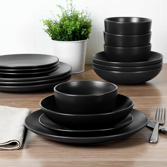 Gibson Home Queenslane 16-Piece Matte Black Stoneware Dinnerware Set ??Double Bowl Plates and Bowls, Durable Kitchen Dinner Set