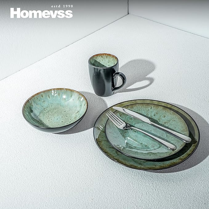Stoneware Dinner Set Reactive Glaze (16pc Set, Java Green)