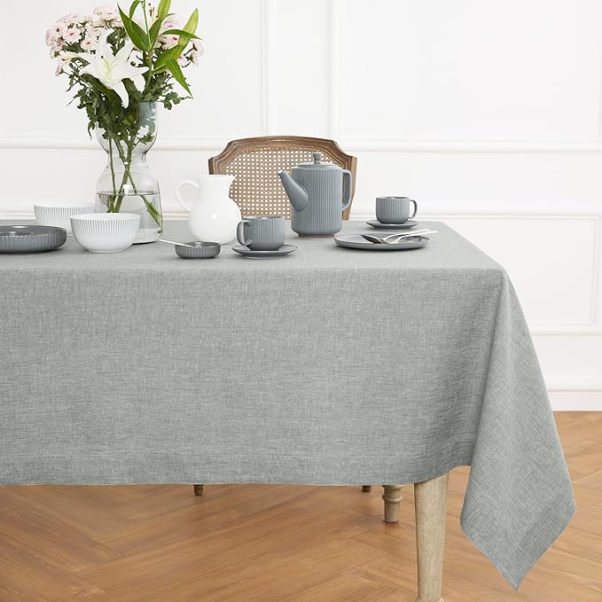 Solino Home Linen Cloth Tablecloth 52 x 52 Inch - 100% Pure Linen Chambray Grey Square Tablecloth - Athena, Machine Washable Table Throw