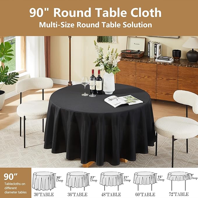 ITWMTTO 6-Pack Black Round Tablecloth 90 Inch - Polyester Fabric Table Cloth Round Table Cover for Round Tables - Reusable & Washable