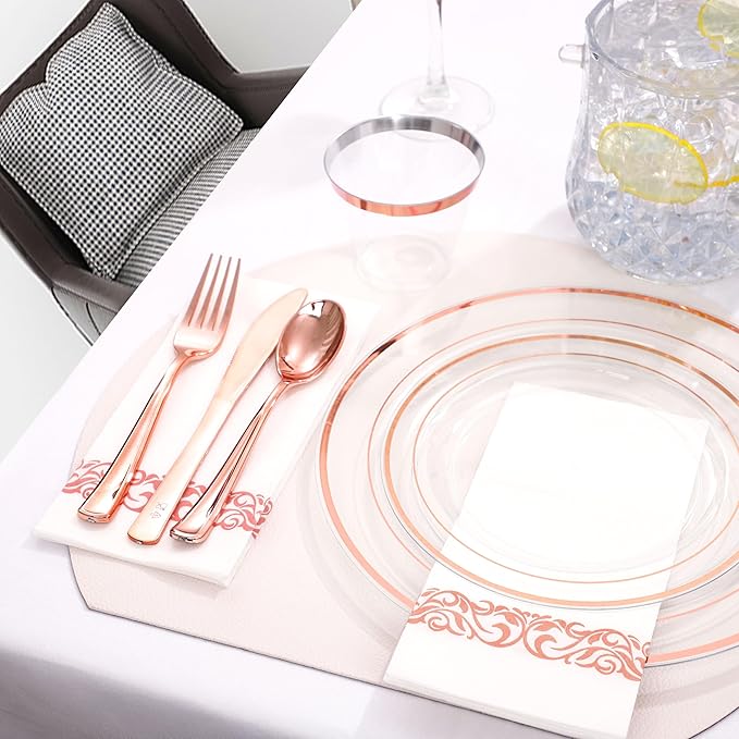 DaYammi 350Pcs Rose Gold Dinnerware Set Include: 50 Dinner Plates 10.25?쇺?50 Dessert Plates 7.5?쇺?50 Rose Gold Cutlery,50 Disposable Cups 9 OZ with 50 Napkins for Party