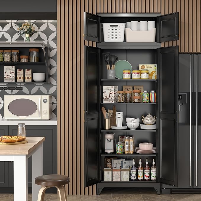 90?쒴itchen Pantry Cabinet,Metal Storage Cabinets with Doors and 4 Adjustable Shelves,Black Kitchen Cabinet with 2 Gold Handles,Tall Cabinet for Livingroom, Bathroom