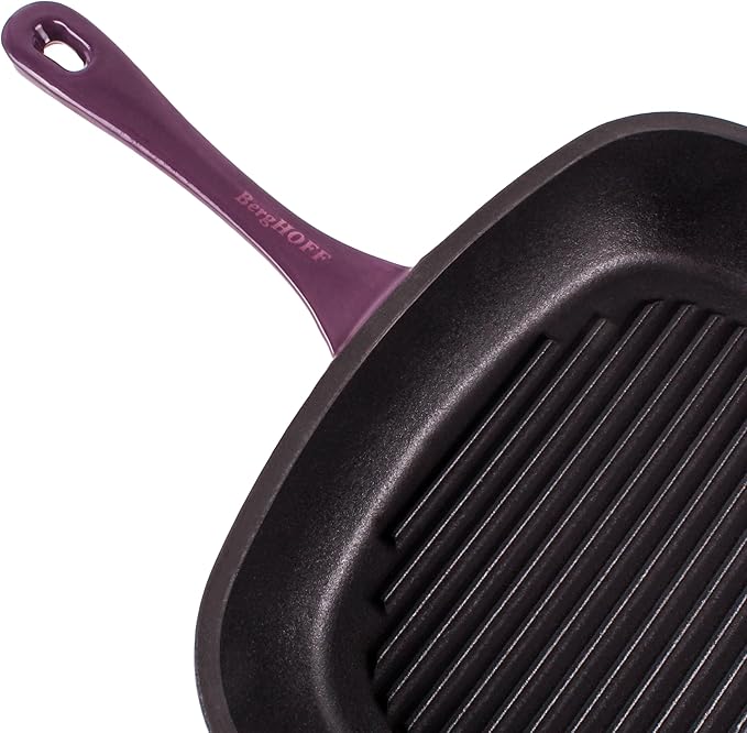 Berghoff Neo 3Pc Enameled Cast Iron Cookware Set, Fry Pan 10 inches, Grill Pan 11 inches, Slotted Steak Press, Fast, Evenly Heat, Oven safe (Purple)