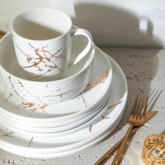 Stone Lain Porcelain 16 Piece Dinnerware set, 4 Full White Gold Splash Sets