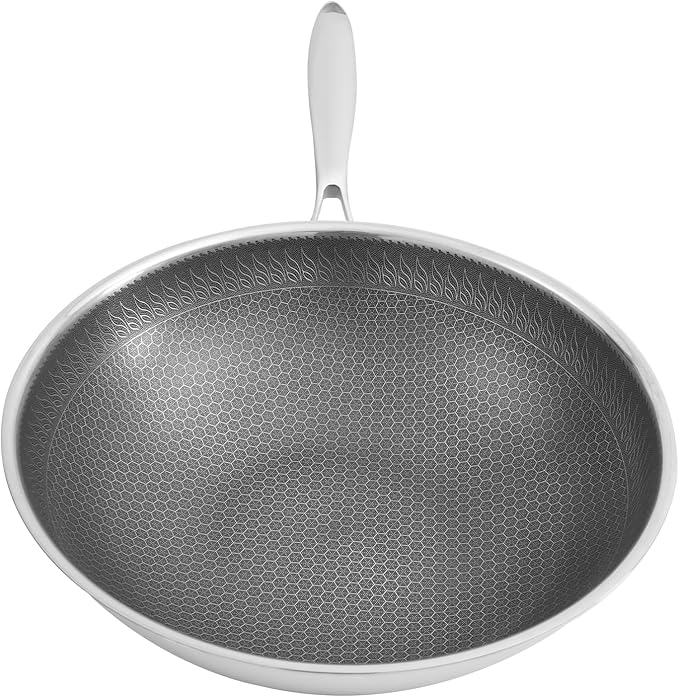 12.6 inch Stainless Steel Stir-fry Wok, Cooking Frying Pan, Non Stick Honeycomb Skillet with Stay Cool Handle, Class LId, Suitable for Induction, Ceramic, Electric, and Gas Cooktops