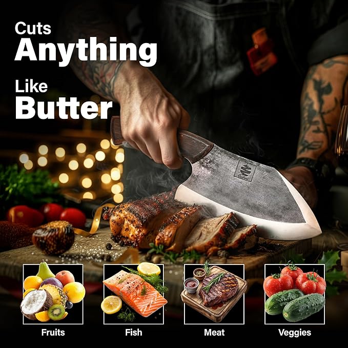 COOLINA Knife Set ??Chef, Tungsten & Lixy Knives Bundle ??3-Piece Hand-Forged Carbon Steel Kitchen & BBQ Knives with Wooden Handles ??Full Tang Butcher, Cleaver & Cooking Knife Set