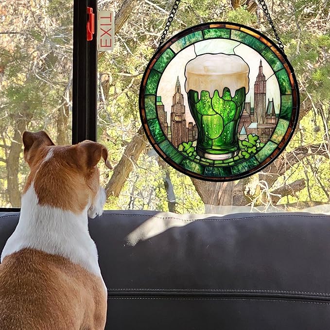 Stained Glass Window Hanging Green Clover City Large 11.8" - St. Patrick's Day Irish Decor Suncatcher Door Garden Sun Catcher Birthday Christmas for Woman Nana Friend Men