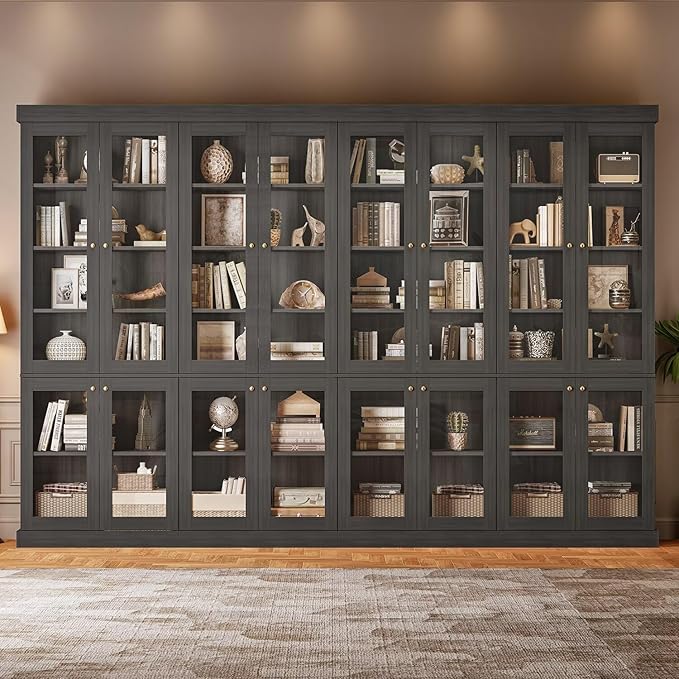 Vyre 70.8" Bookshelf with Glass Doors, Farmhouse Modular Bookcase with 6-Tier Adjustable Shelves, Large Storage Cabinet for Living Room & Home Office, Set of 4, Black