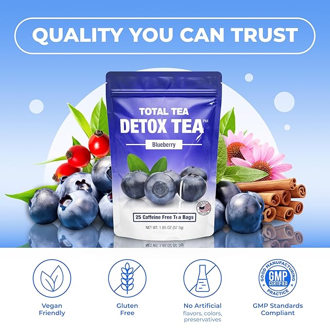 Total Tea SIimming Detox Tea Caffeine Free - 25 Day Detox - Herbal Tea with Chamomile, Hibiscus Tea & Ginger Root for Colon Cleanse ??Natural Bluebberry Fruit Tea