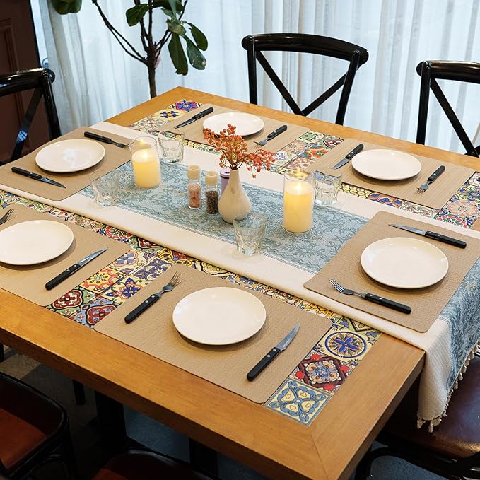 PROMATTOO Faux Leather Placemats Set of 6 – 17x12 Inch Vinyl Table Mats, Heat Resistant, Non Slip, Wipeable & Washable, Easy to Clean Dining Table Decor for Kitchen & Dining Room（Light Taupe）