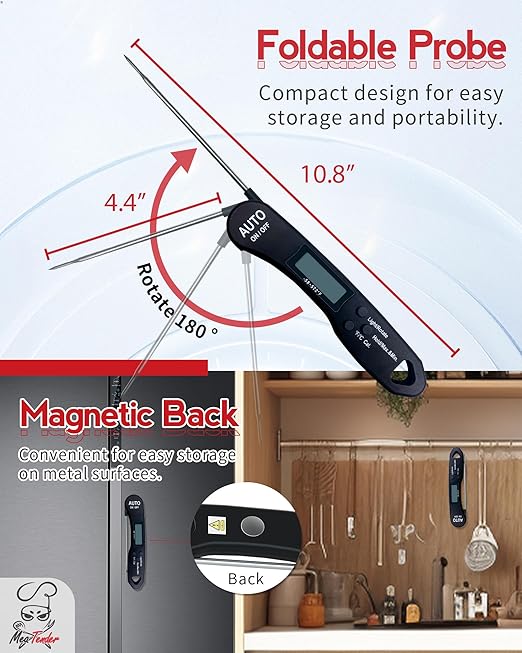Digital Food Thermometer with Fast 1-Second Reading, 짹1째F Accuracy, -58째F to 572째F Range | Foldable Probe, Magnetic Back, Backlit LCD, Auto-Off for Grilling, Baking, Smoking