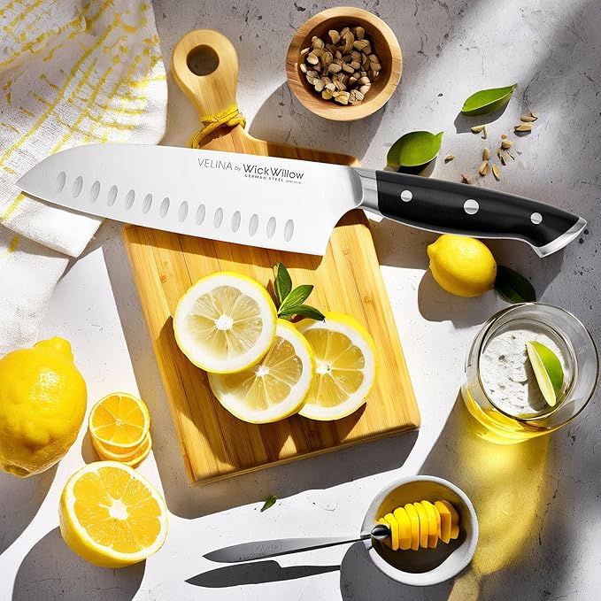 7 Inch Santoku Knife ??Razor Sharp German Steel Kitchen Knife for Chopping, Slicing & Mincing ??Hollow Edge Vegetable Knife with Full Tang & Ergonomic Handle ??Gift Box Included ??Velina Series