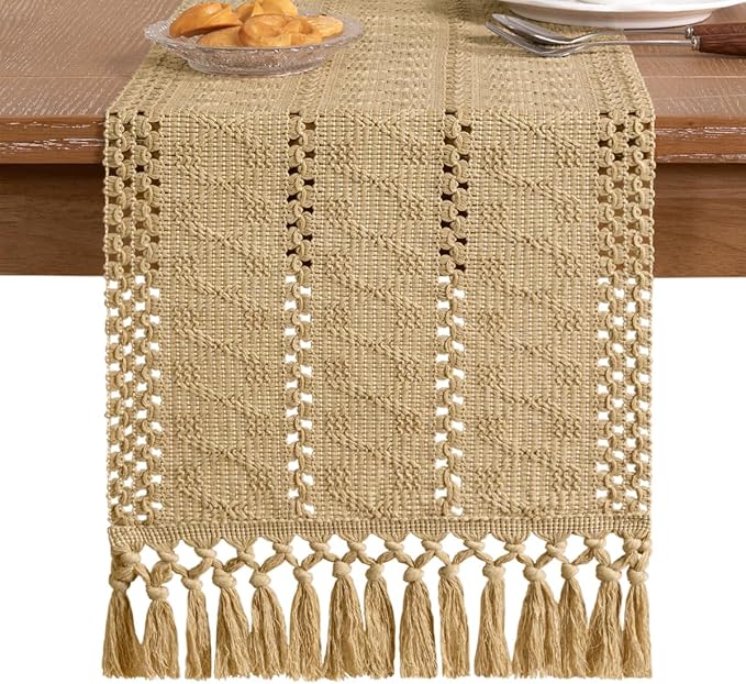 Socomi Boho Table Runner Macrame Valentine's Day Farmhouse Woven Cotton Linen Rustic Coffee Table Runner with Tassels for Dresser Scarf Home Decor Dining Room 12x90 inch Champagne