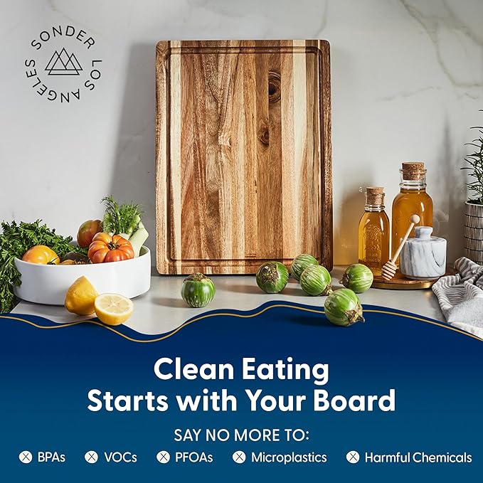Sonder Los Angeles Winsome Acacia Wood Cutting Board | Acacia Edge Grain Cutting Board for Kitchen with Juice Groove & Sorting Compartment | Perfect for Charcuterie | Gift Box Included | 16x12x1.5 in