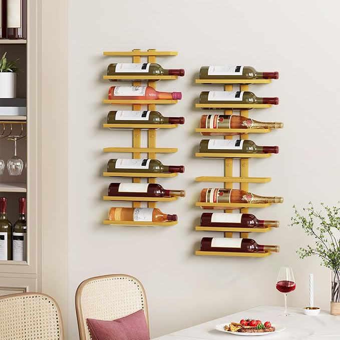 Hoctieon 2-Set 8 Tier Wall Mount Wine Rack (16 Tiers), Wall Racks for Wine Bottles Display and Storage, Hanging Bottle Organizer for Living Room, Dining Room, Wine Cellar, Bar, Gold