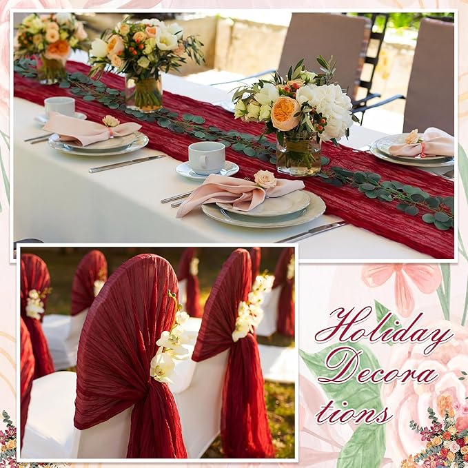 Gilprop 60 Pack Burgundy Table Runner Decor Set 10 ft Cheesecloth Table Runner & 7.9ft Artificial Eucalyptus Garland Boho Gauze Fabric Centerpiece for Wedding, Bridal Shower, Party Decorations