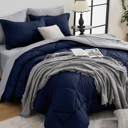 HEVUMYI Navy Blue & Grey California King Comforter Set - 7-Piece All Season Bed in a Bag Cal King, Ultra Soft Bedding Set with Comforter, Flat Sheet, Fitted Sheet, Pillowcases, Pillow Shams