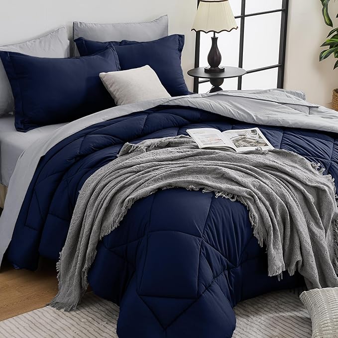HEVUMYI Full Comforter Set - 7-Piece All Season Bed in a Bag Full, Ultra Soft Bedding Set with Comforter, Flat Sheet, Fitted Sheet, Pillowcases, Pillow Shams, Navy Blue & Light Grey