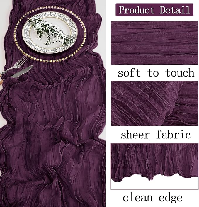 4 Pack Dark Purple Cheesecloth Table Runner 20 x 120 inch Gauze Table Runners 10 FT Long,Semi Sheer Boho Cheese Cloth Fabric Table Runner Bulk for Party,Wedding,Baby Shower,Bridal Shower Decoration
