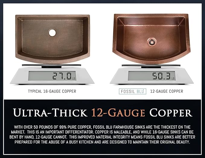 FSW1107 LUX 33-INCH HEAVY 12-GAUGE MEDIUM PATINA COPPER FARMHOUSE SINK, INCLUDES ACCS, CURVED FRONT