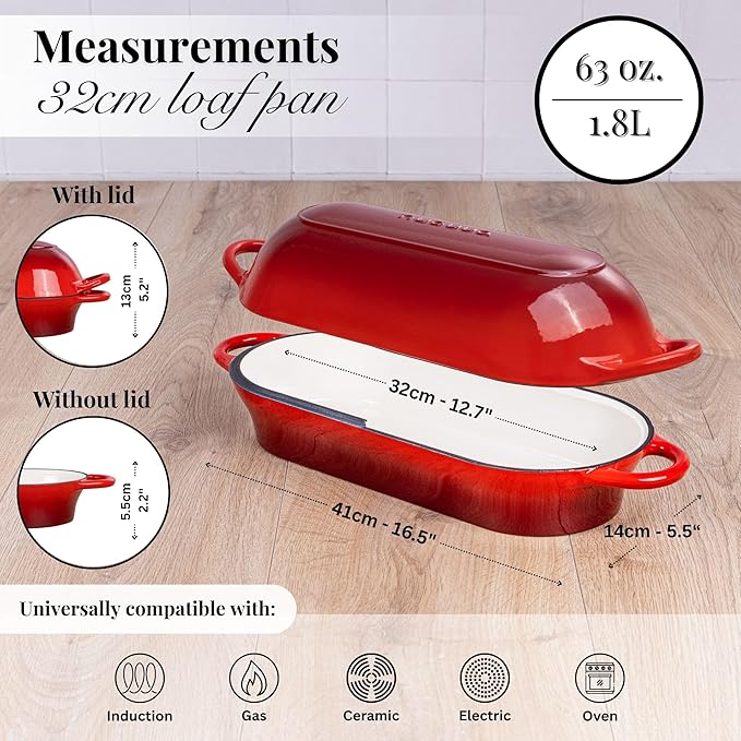 Enamelled Cast Iron Bread Loaf Pot ??Dutch Oven For Sourdough Bread Baking ??Oven Safe Non Stick Bread Pot ??Rectangular, Red, 34cm x 16cm ??by Nuovva