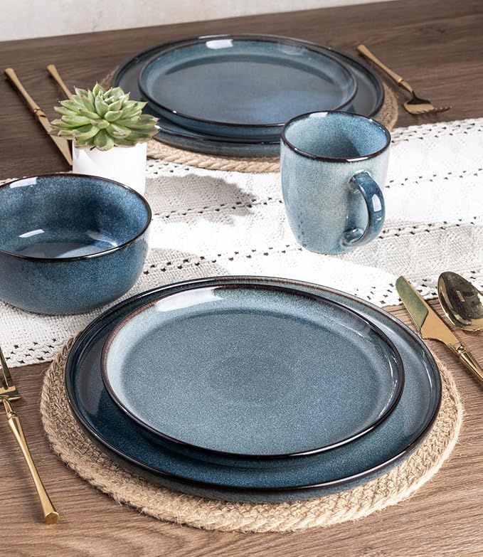 GBHOME Ceramic Dinnerware Sets for 4, 12 Pieces Stoneware Plates and Bowls Sets, Scratch Resistant Dishes, Dishwasher & Microwave Safe, Reactive Glaze-Blue Horizon