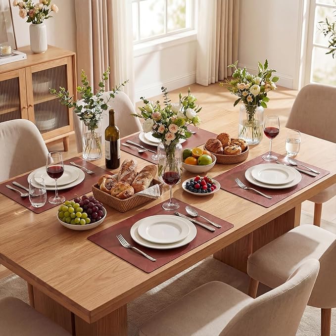 Artoid Mode Red Faux Leather Placemats Set of 6, 12x18 Inch Waterproof Wipeable Heat Resistant Place Mats, Reversible Table Mats for Christmas Kitchen Dining Decor