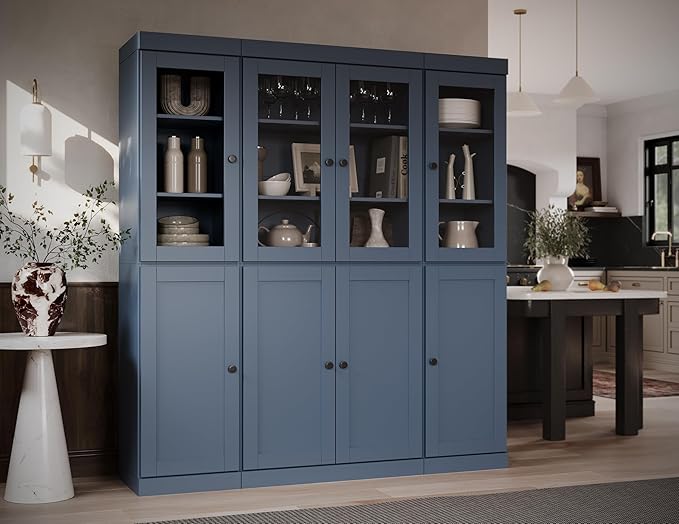 Palace Imports 100% Solid Wood Kitchen China Pantry Cabinet, 65" W - 4 Clear Glass & 4 Shaker Doors, Renewable Eco-Friendly Wood, Made in Brazil (Antique Blue, 8 China/Shaker Doors | 2 Drawers)