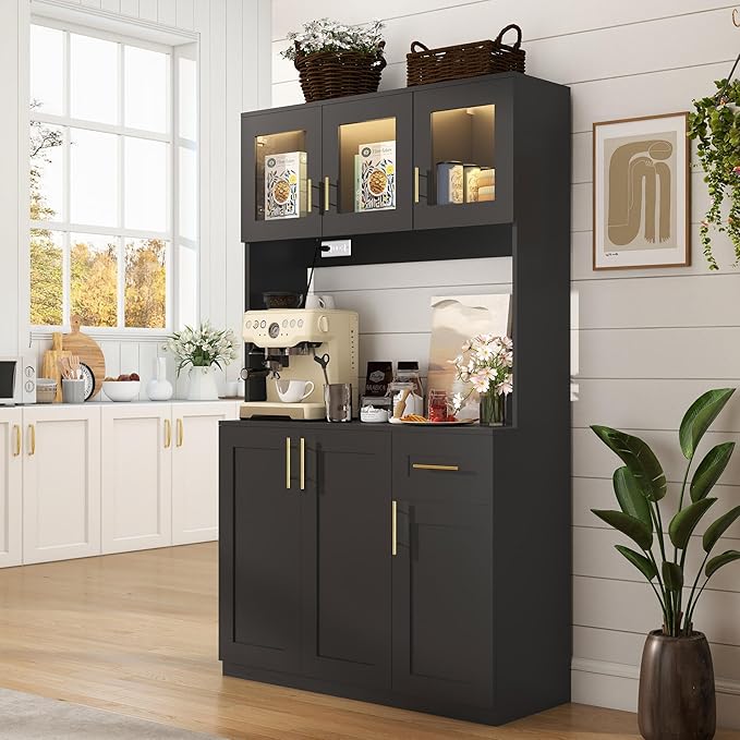 Kitchen Hutch Storage Cabinet: 71" Tall Black Pantry Cabinet with Microwave Shelf, Shaker Style Food Storage Cabinets with Doors and Countertop, with Lights and Charging Station (Black)