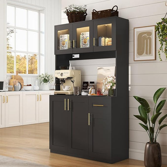 Kitchen Hutch Storage Cabinet: 71" Tall Black Pantry Cabinet with Microwave Shelf, Shaker Style Food Storage Cabinets with Doors and Countertop, with Lights and Charging Station (Black)