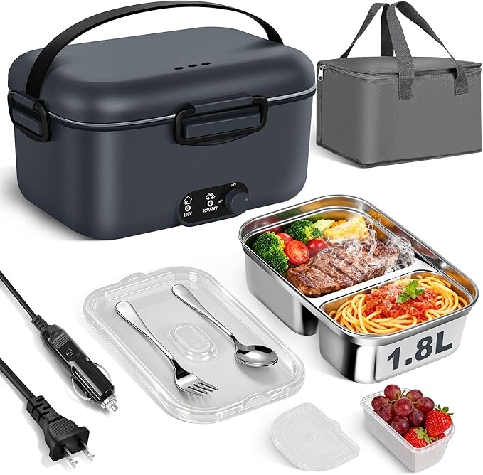 Electric Lunch Box Food Warmer 1.8L - 100W Mechanical Temperature Control Heated Lunch Box for Adults, 12V/24V/110V Fast Heating Lunchbox Food Heater for Work/Car/Truck, Fiambrera el챕ctrica port찼til
