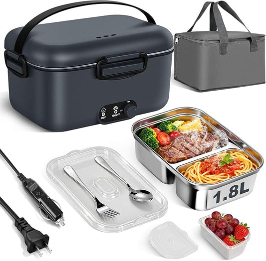 Electric Lunch Box Food Warmer 1.8L - 100W Mechanical Temperature Control Heated Lunch Box for Adults, 12V/24V/110V Fast Heating Lunchbox Food Heater for Work/Car/Truck, Fiambrera el챕ctrica port찼til
