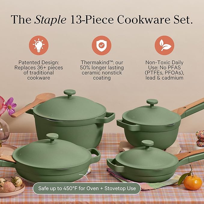 Our Place Cookware Set - 13-Piece Kit Including the Always Pan, Perfect Pot and Spatulas | Multifunctional, Toxin-Free Nonstick | Heat Safe up to 450째F | Oven, Stove, Induction Compatible | Sage