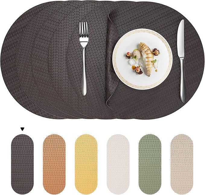 PROMATTOO Round Faux Leather Placemats Set of 6 – 13 Inch Vinyl Mats, Heat Resistant, Non Slip, Wipeable & Washable, Easy to Clean Dining Table Decor for Kitchen & Holiday Gatherings（Black）